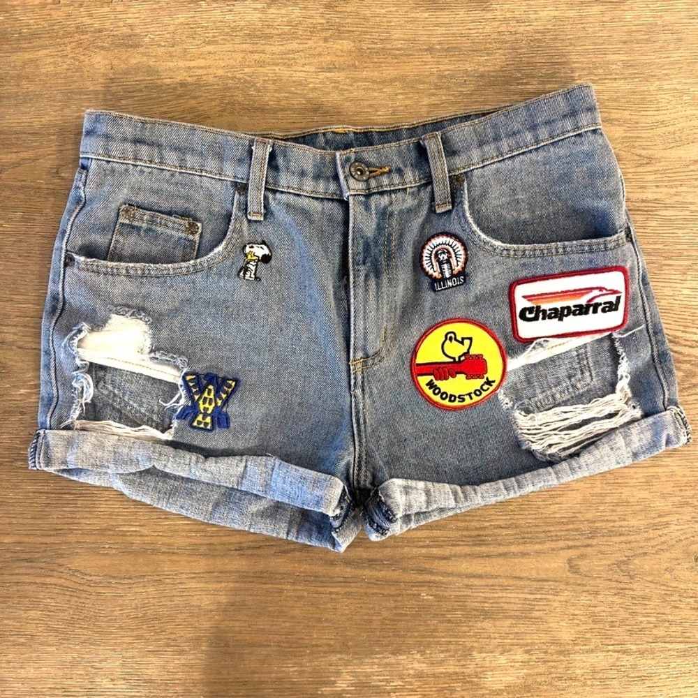 CARMAR‎ Distressed Patch Denim Cuffed Jean Shorts-Mid Wash Blue-Sz 29-2" Inseam